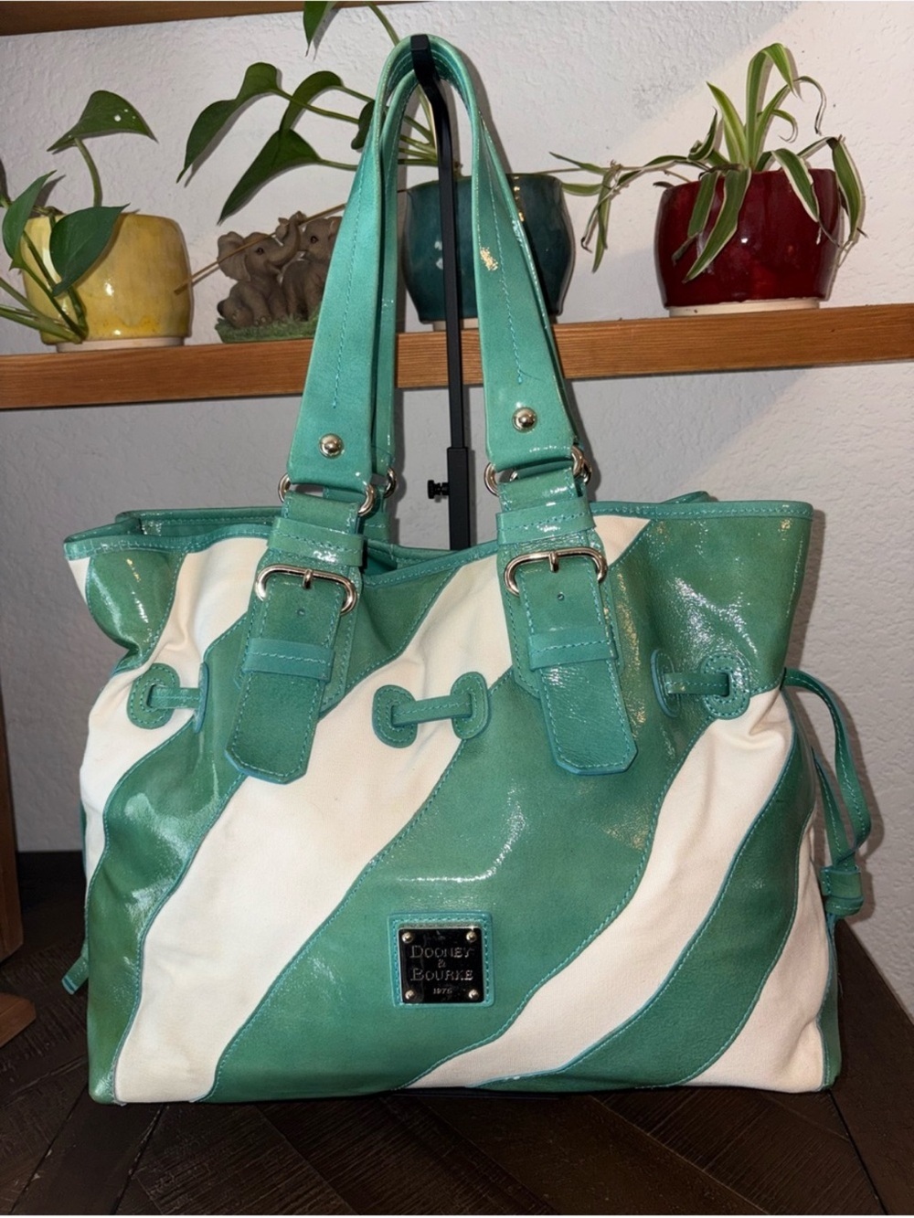 Dooney & Bourke Green and White Striped Leather Tote
